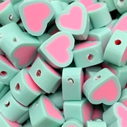 Fimo perler. Hjerter. 10 x 4 mm. Turkis-pink. 30 stk.